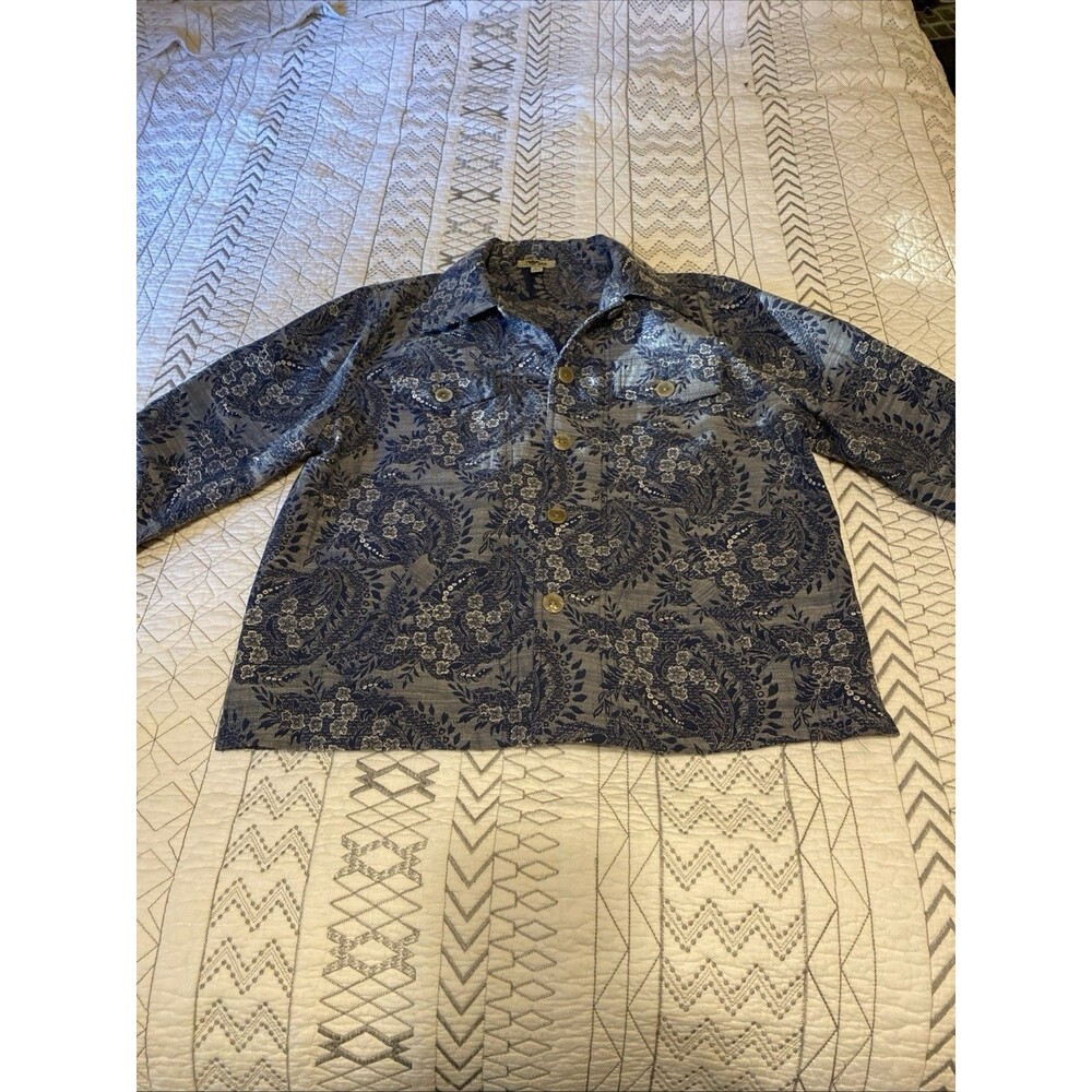 J Bee Womens Shirt Jacket Blue White Floral Denim Long Sleeve Button Up EUC